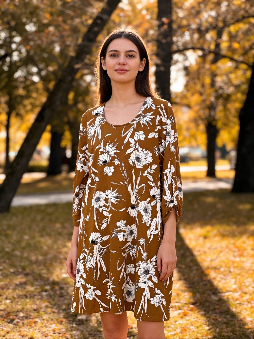 love, Fire Brown Floral Midi Dress with White Print